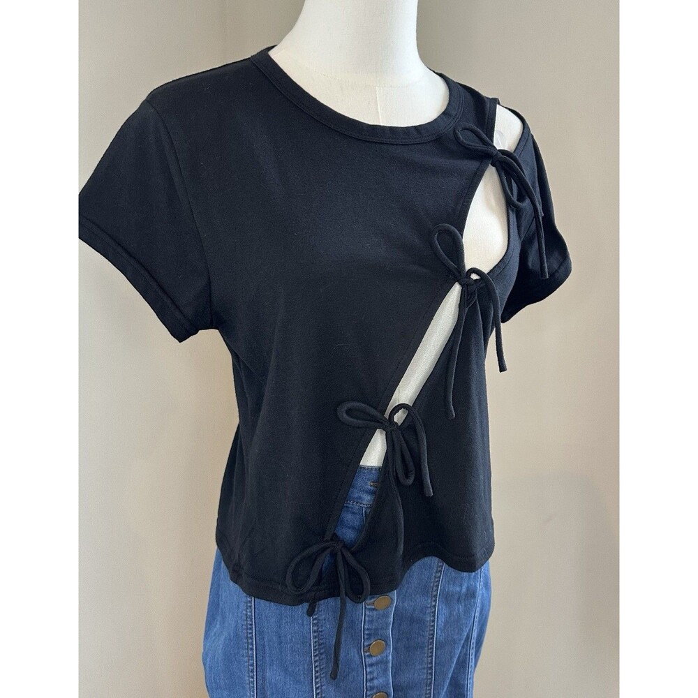 Jolie & Joy Black Tie Front Top Women XL Y2K Cutout Bow Short Sleeve Trendy